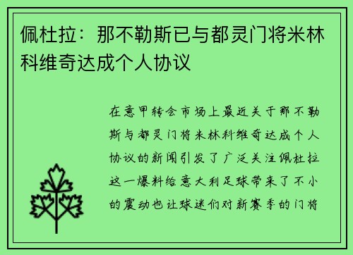 佩杜拉：那不勒斯已与都灵门将米林科维奇达成个人协议