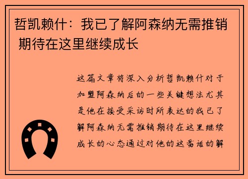 哲凯赖什：我已了解阿森纳无需推销 期待在这里继续成长