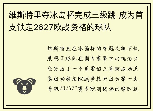 维斯特里夺冰岛杯完成三级跳 成为首支锁定2627欧战资格的球队